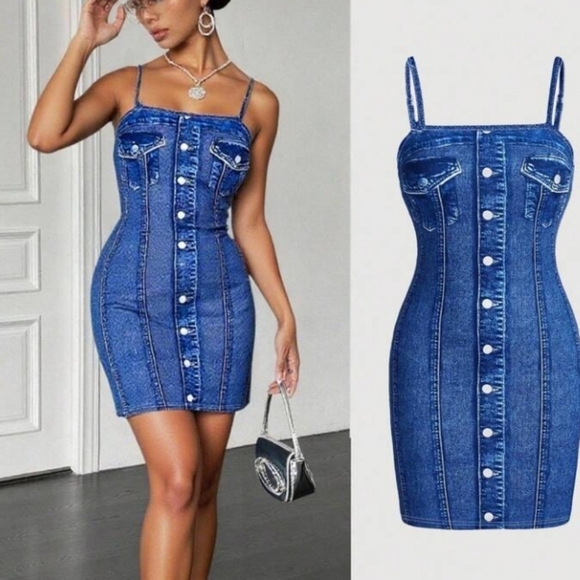 None Dresses & Skirts - Sleek Blue Fake Button-Up Mini Dress